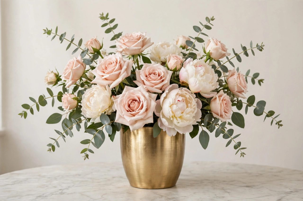Arreglo floral premium de demostración con rosas y peonías en jarrón dorado — plantilla DIGITALS AI FLORISTERÍA