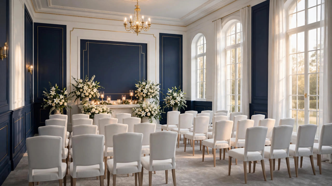 Sala de despedida elegante en azul marino y blanco con detalles dorados, sillas blancas y arreglos de lirios — plantilla DIGITALS AI FUNERAL HOME