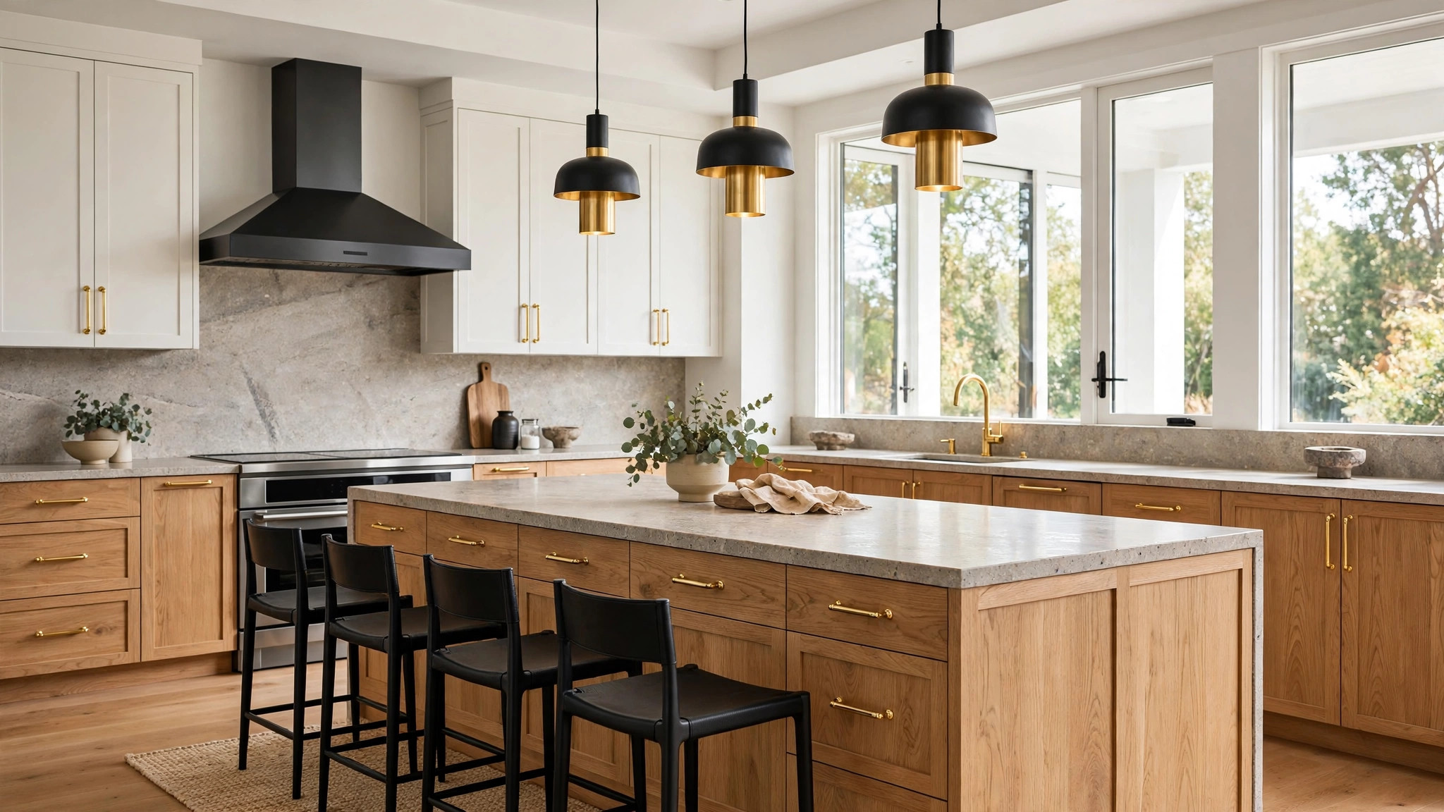 Cocina moderna con gabinetes personalizados en blanco cálido y madera natural — plantilla DIGITALS AI CABINETS
