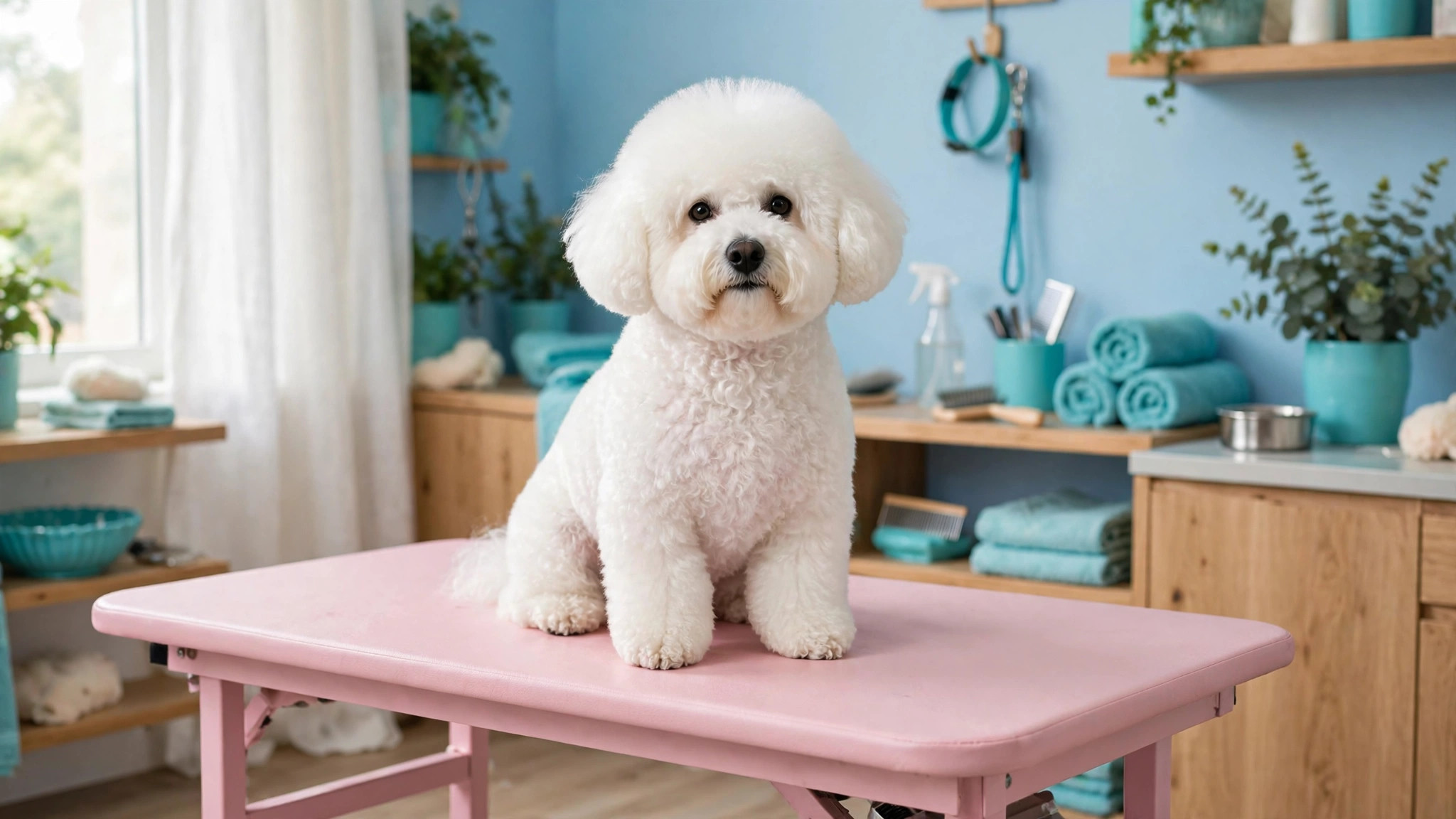 Perro recién bañado y esponjoso en una estación de grooming rosa pastel — plantilla DIGITALS AI PET GROOMING