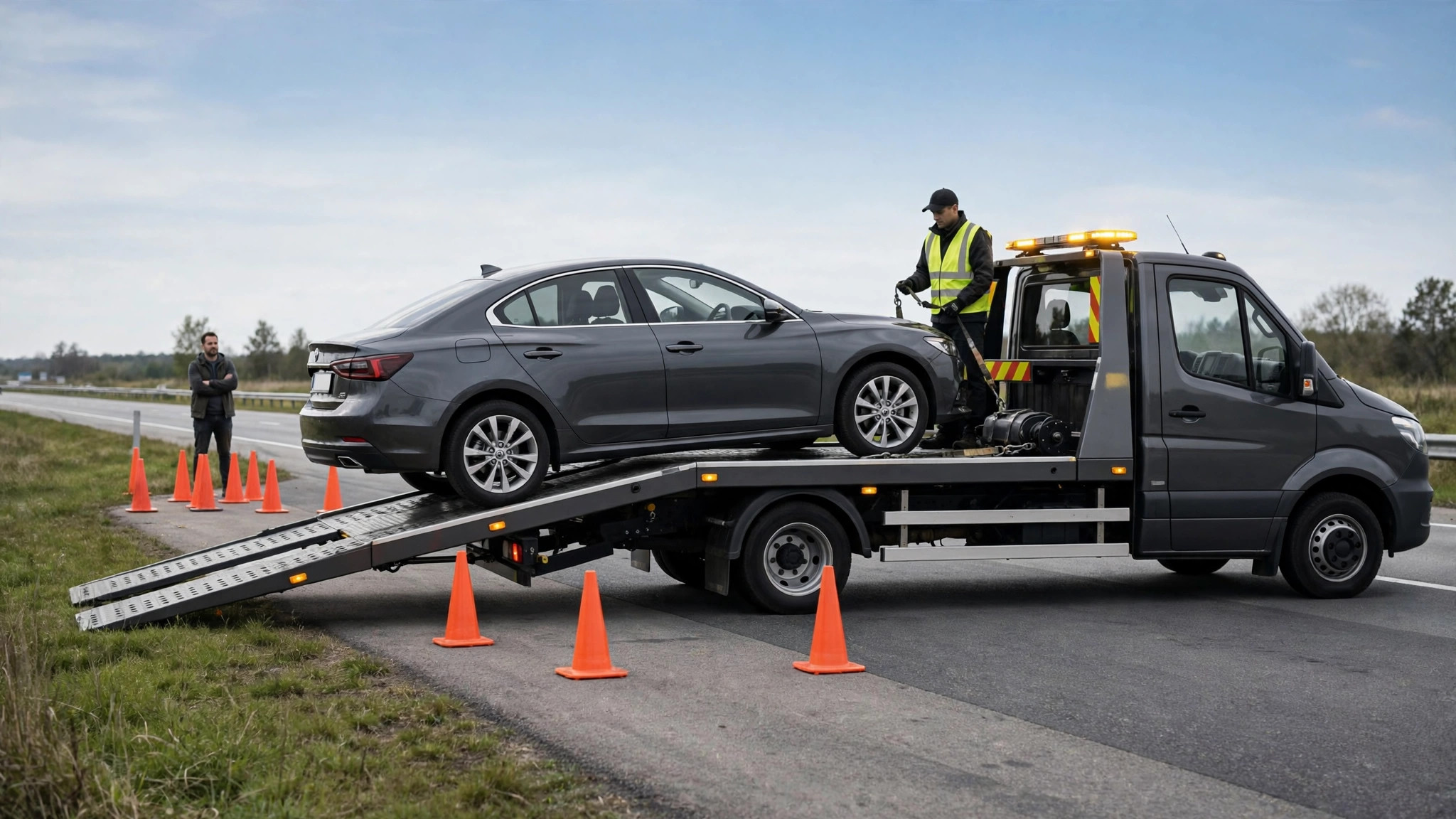 Grúa de plataforma atendiendo un vehículo en el arcén con operador con chaleco y conos — plantilla DIGITALS AI TOWING