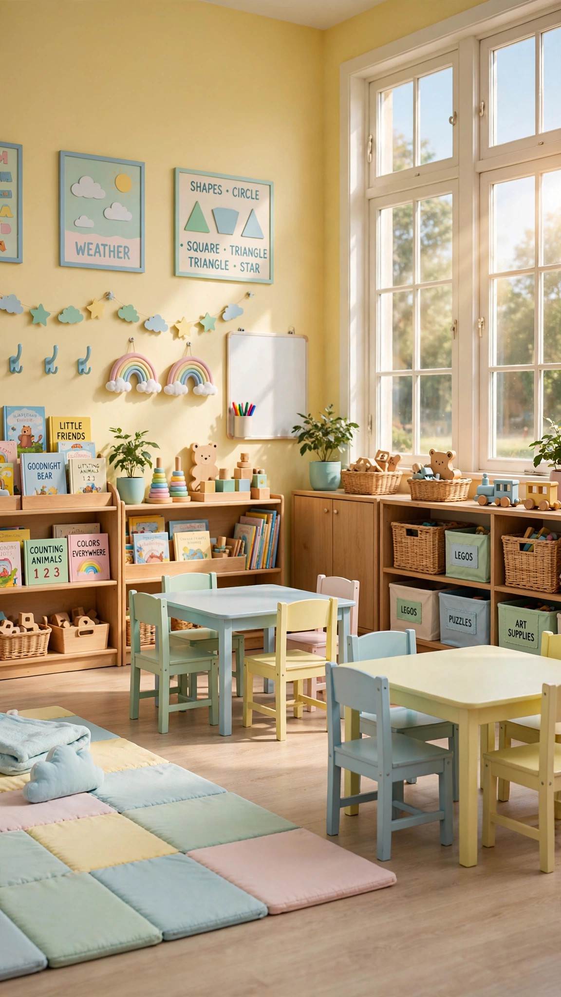 Aula luminosa y vacía de guardería infantil, sin menores — plantilla GUARDERÍA