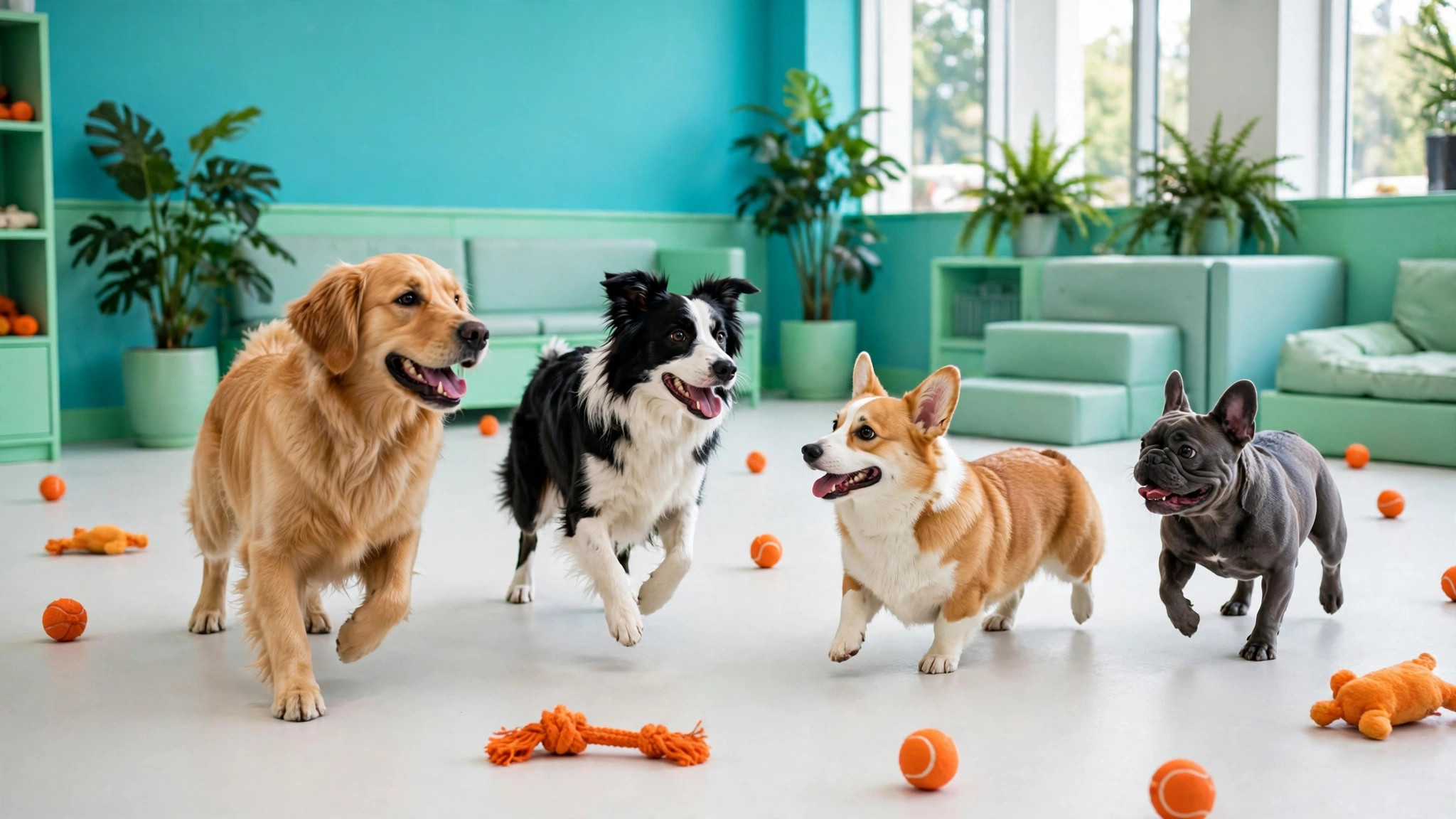 Perros jugando felices en un espacio amplio y seguro de un hotel de mascotas turquesa y verde menta — plantilla DIGITALS AI PET HOTEL