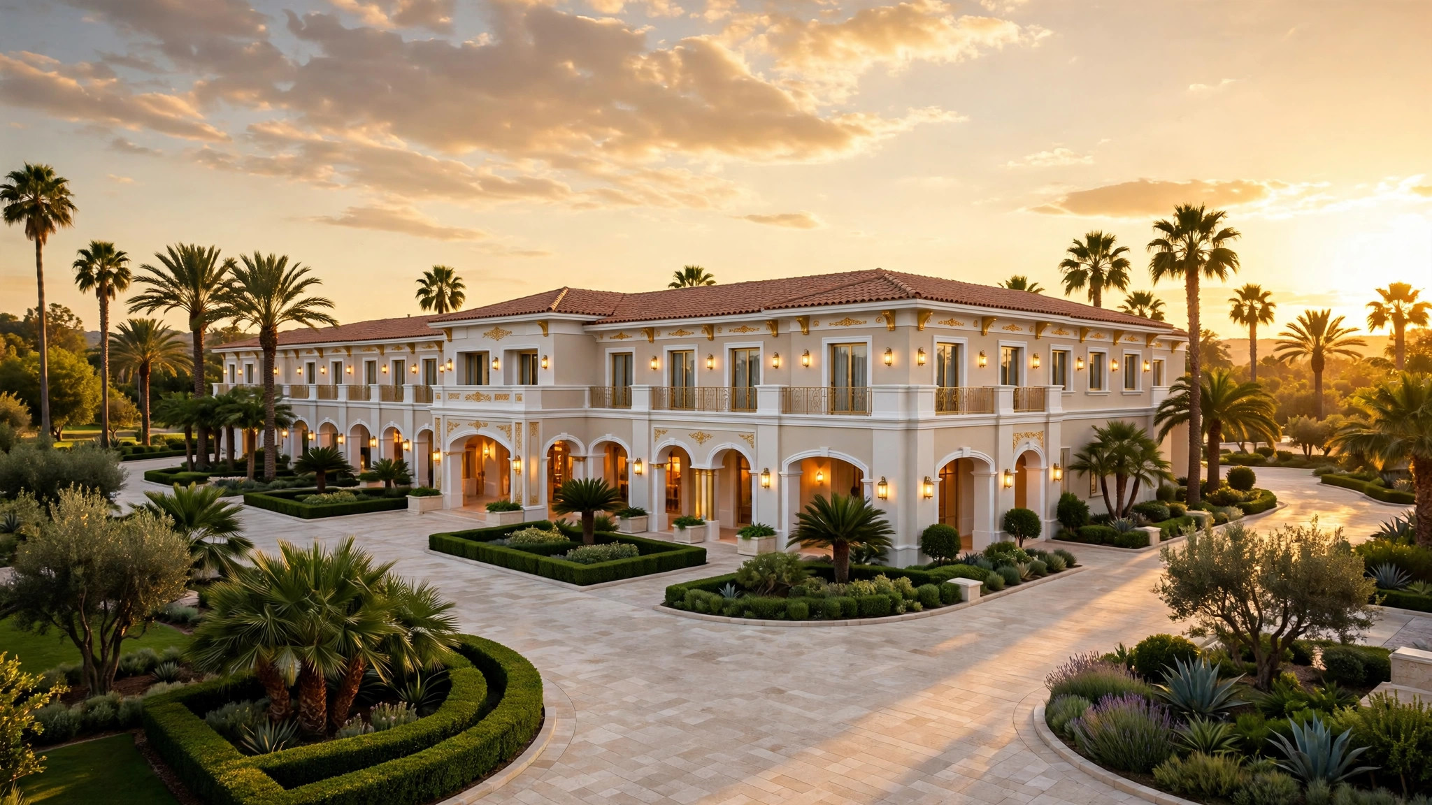 Fachada panorámica de hotel boutique de demostración al atardecer — plantilla DIGITALS AI HOTEL BOUTIQUE