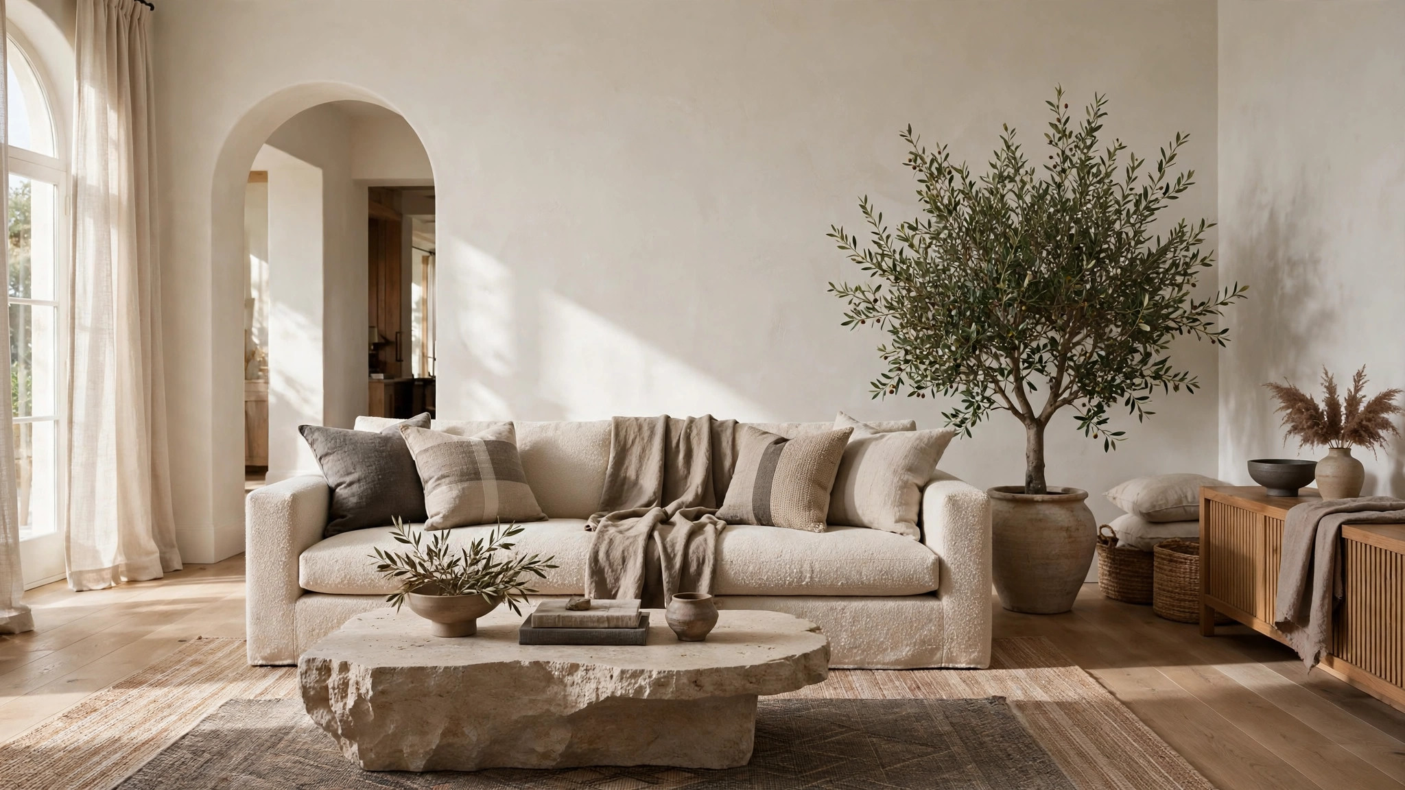 Sala premium en blanco cálido y maderas naturales con sofá crema y un olivo — concepto ilustrativo de diseño de interiores, plantilla DISEÑO DE INTERIORES