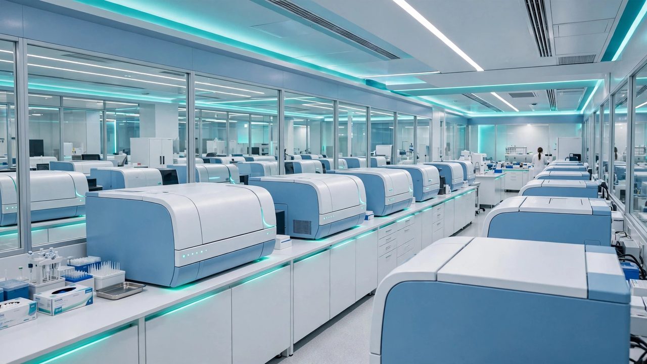 Interior moderno de un laboratorio clínico con analizadores automáticos blancos y azules y un técnico de espaldas a lo lejos — plantilla DIGITALS AI CLINICAL LAB