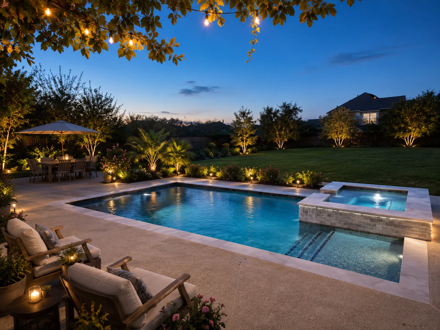 Patio trasero ajardinado con piscina, césped e iluminación de atardecer — plantilla DIGITALS AI LANDSCAPING
