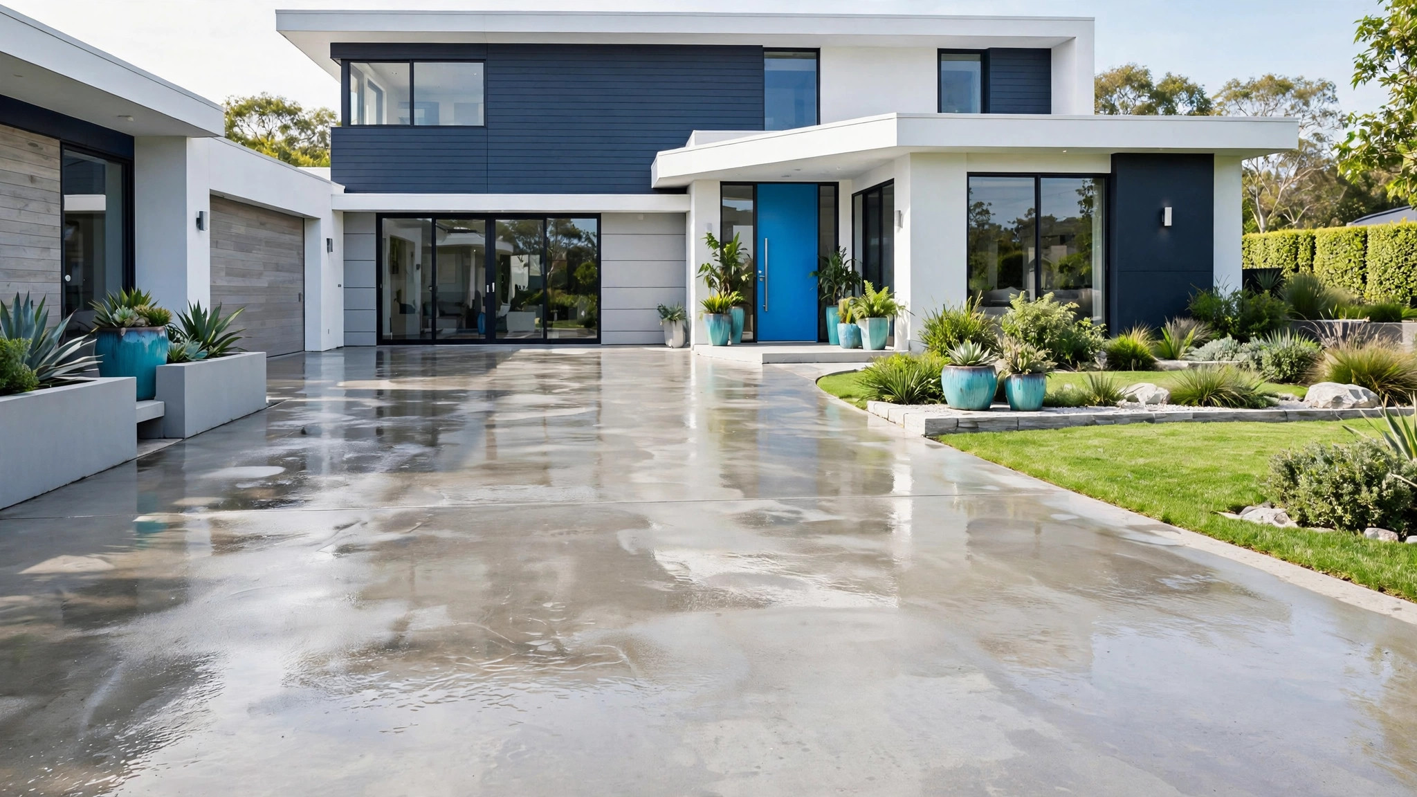 Entrada de vehículos recién lavada a presión frente a una vivienda moderna — plantilla DIGITALS AI PRESSURE WASHING