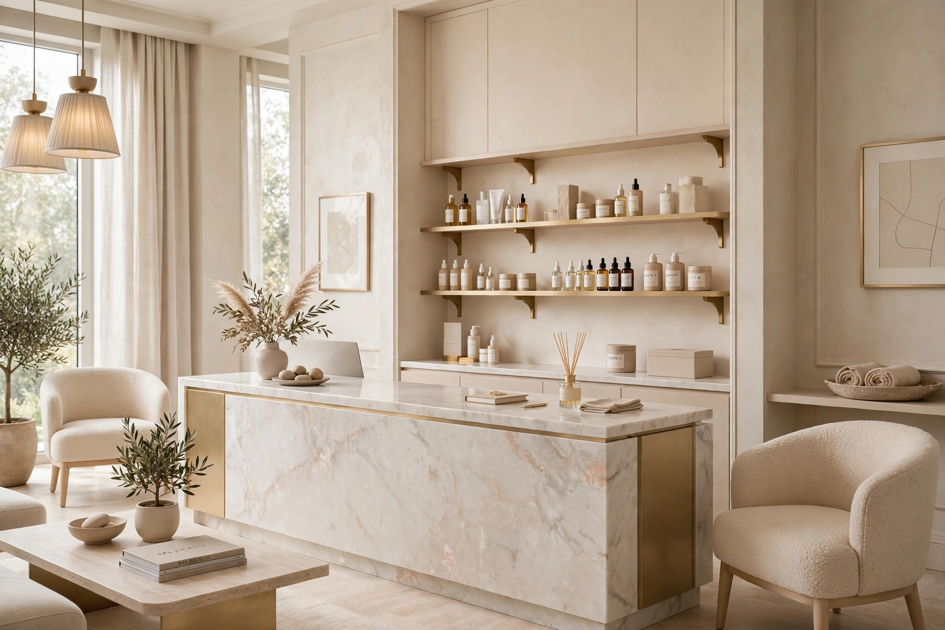 Interior sereno de un med spa de lujo — plantilla DIGITALS AI MED SPA