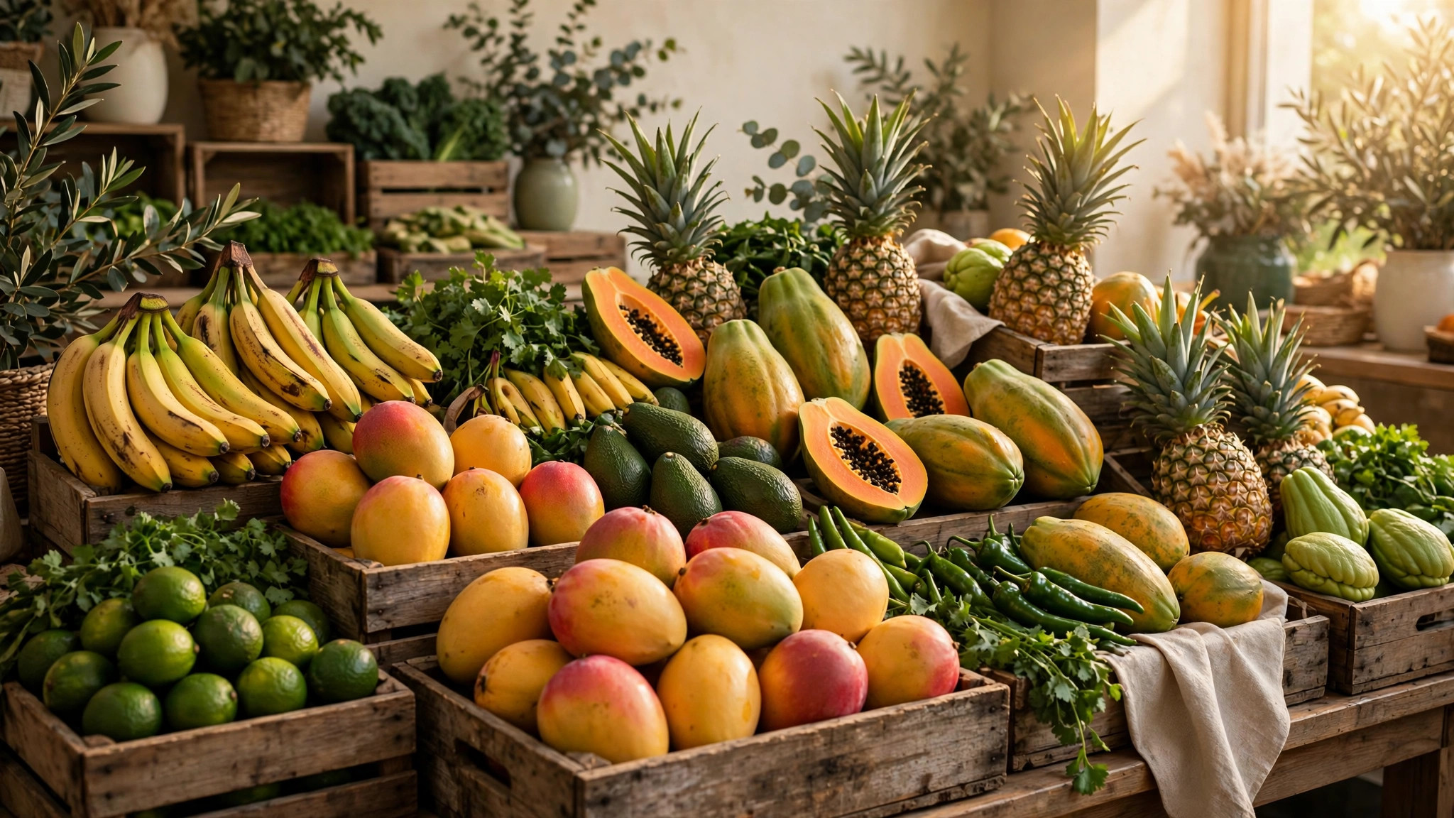 Mercado latino premium con frutas tropicales y mostrador de carnicería — plantilla MERCADOS Y CARNICERÍAS LATINAS