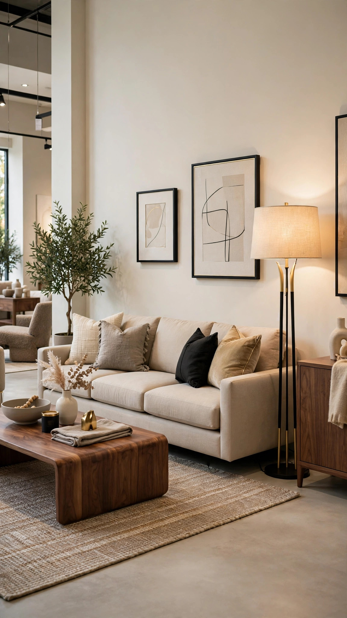 Sala moderna amueblada con sofá beige y mesa de madera nogal en una mueblería — plantilla MUEBLERÍA