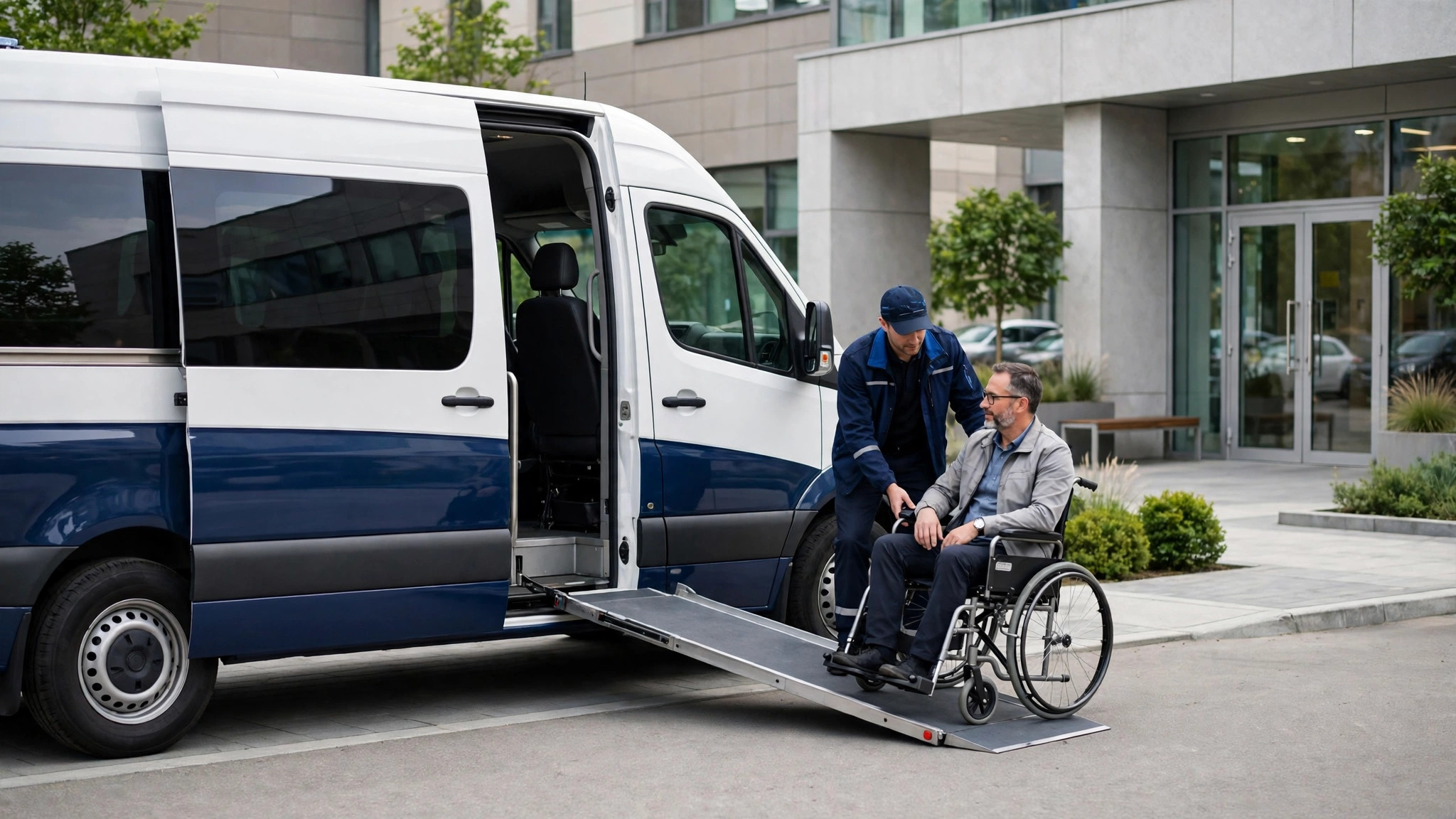 Van accesible blanca y azul marino asistiendo a un pasajero en silla de ruedas por la rampa frente a un centro médico — plantilla NEMT