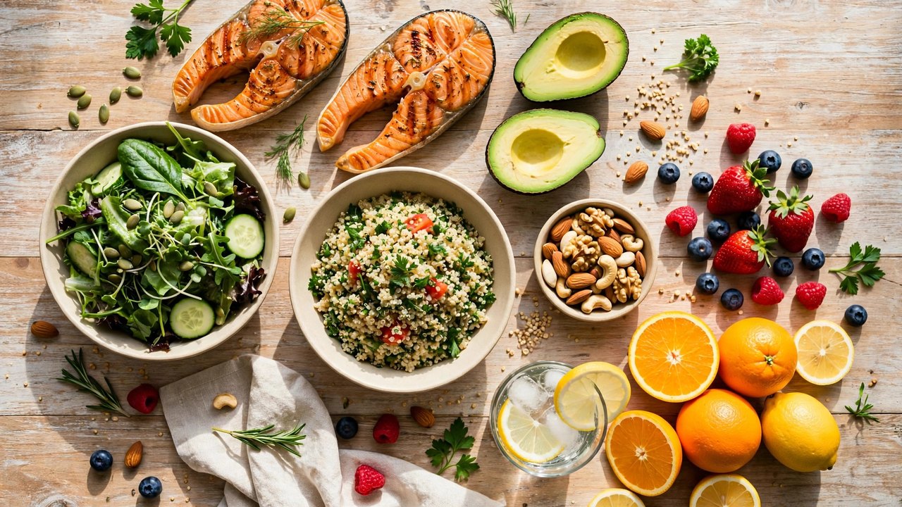 Mesa de madera con alimentos saludables y coloridos: salmón a la plancha, aguacate, ensaladas, quinoa, frutas y frutos secos — plantilla DIGITALS AI NUTRITION