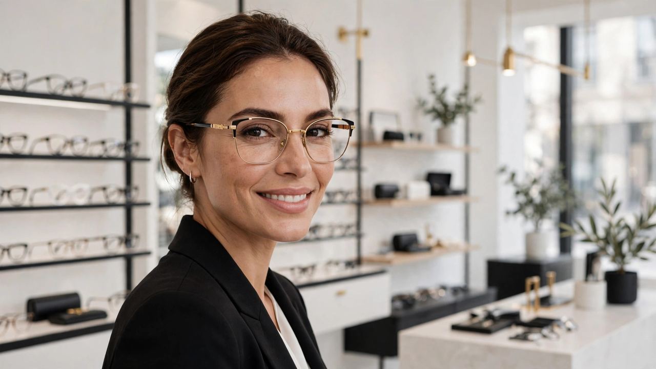 Mujer elegante usando gafas modernas con detalles dorados en una óptica premium — plantilla DIGITALS AI OPTICA