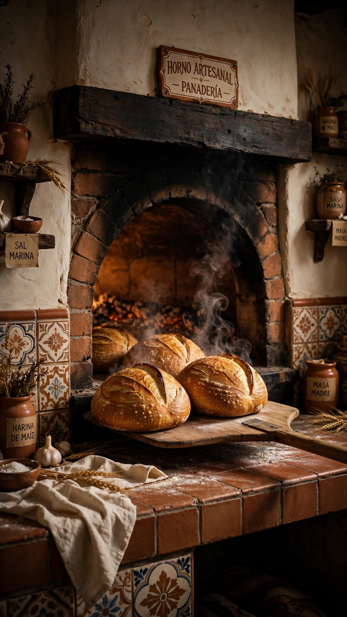 Panes artesanales saliendo del horno de leña en una panadería latina premium — plantilla PANADERÍAS Y REPOSTERÍA