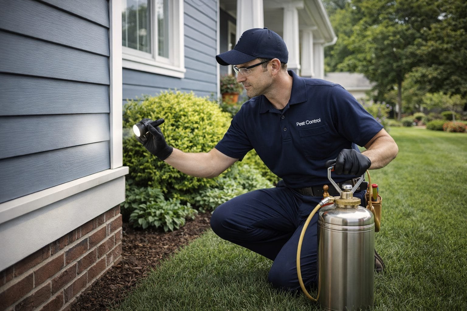 Técnico profesional de control de plagas inspeccionando una propiedad — plantilla DIGITALS AI PEST CONTROL