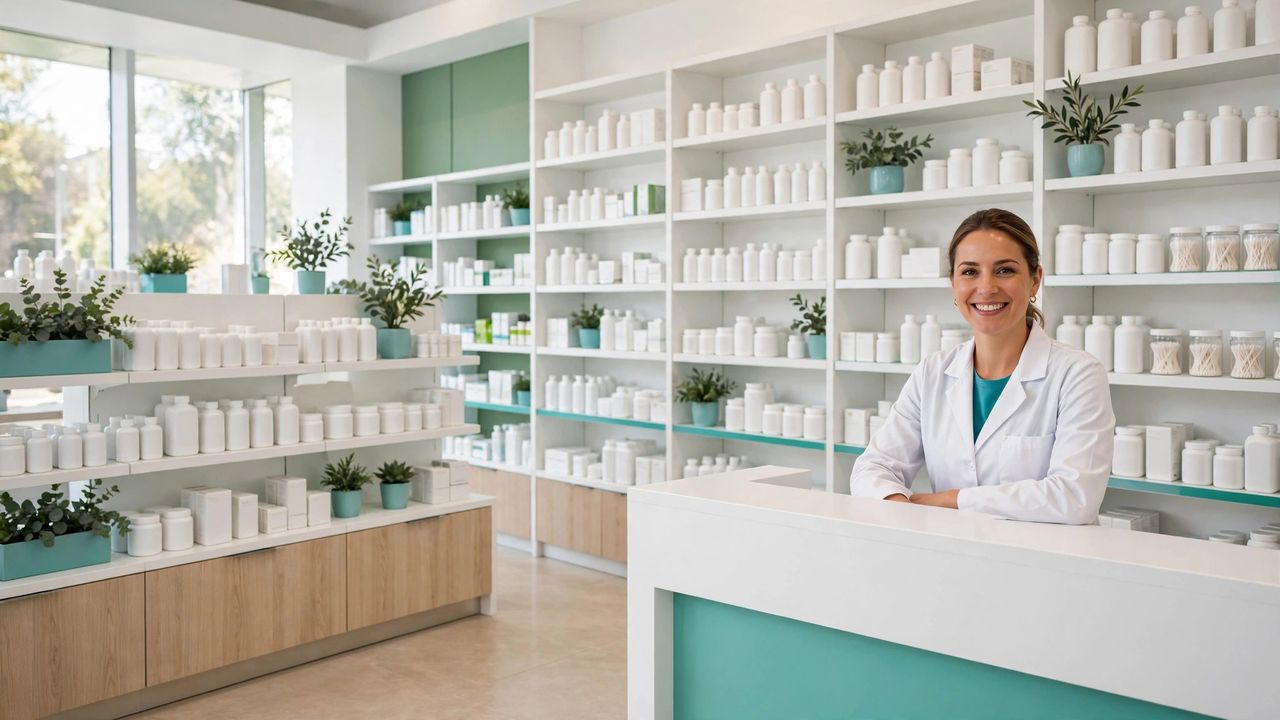 Interior luminoso de una farmacia moderna con su farmacéutica — plantilla DIGITALS AI PHARMACY