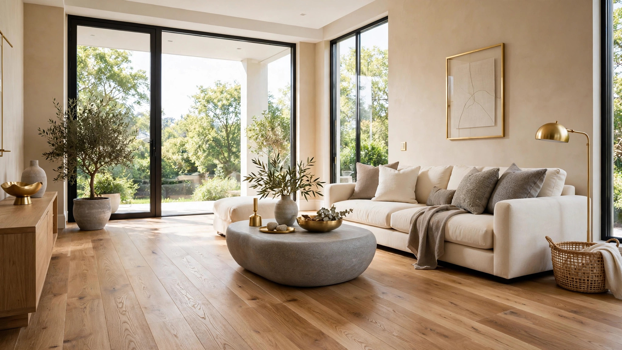 Sala moderna con piso de madera natural en tonos beige y dorados — plantilla DIGITALS AI FLOORING