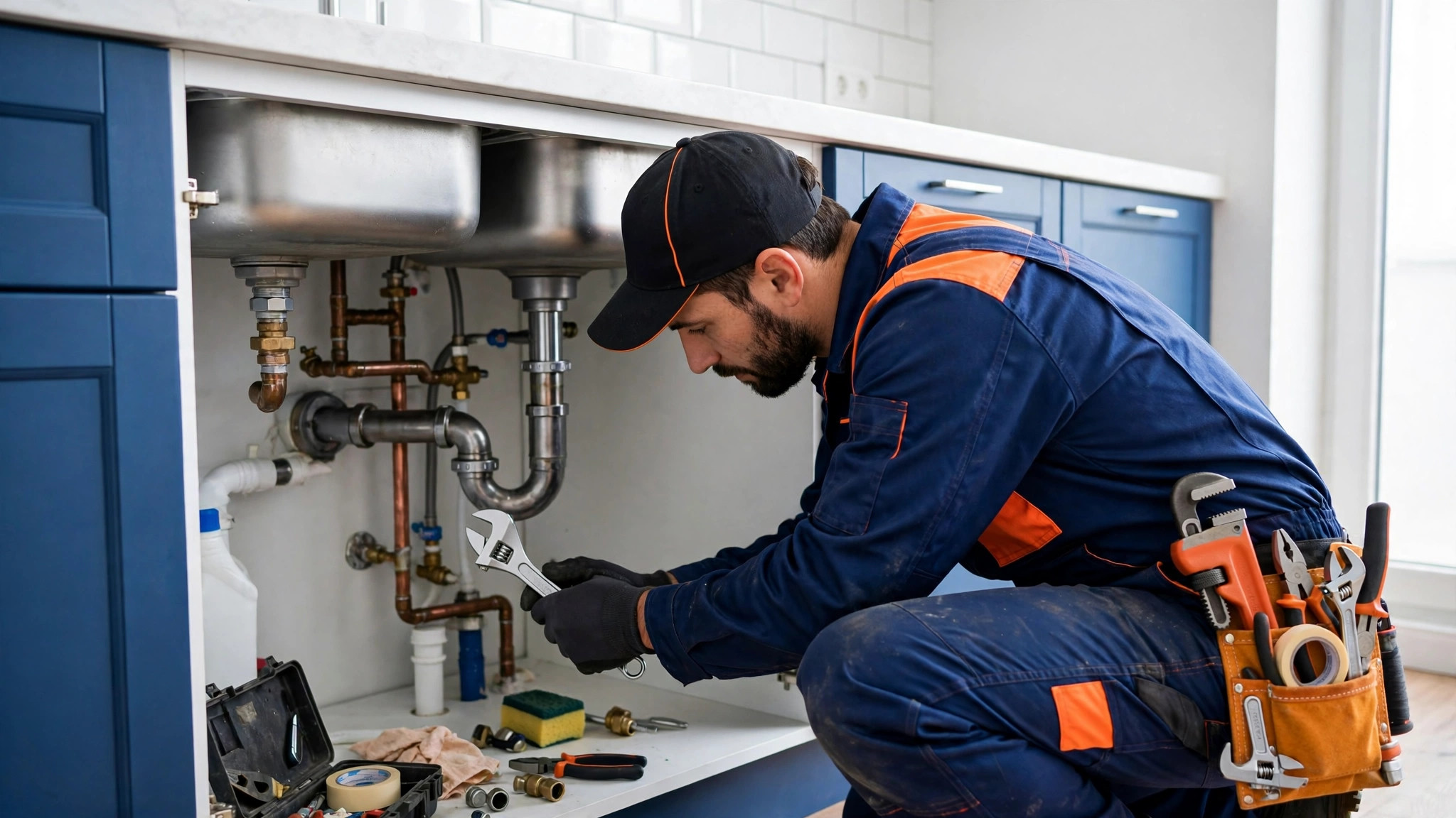 Plomero profesional reparando tuberías bajo un fregadero moderno azul y naranja — plantilla DIGITALS AI PLUMBING