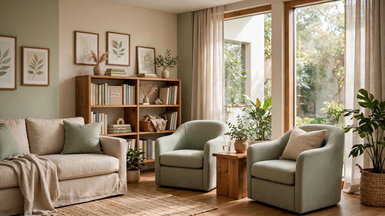 Consultorio de psicología cálido y sereno con sofá beige, plantas y luz natural — plantilla DIGITALS AI PSICOLOGIA
