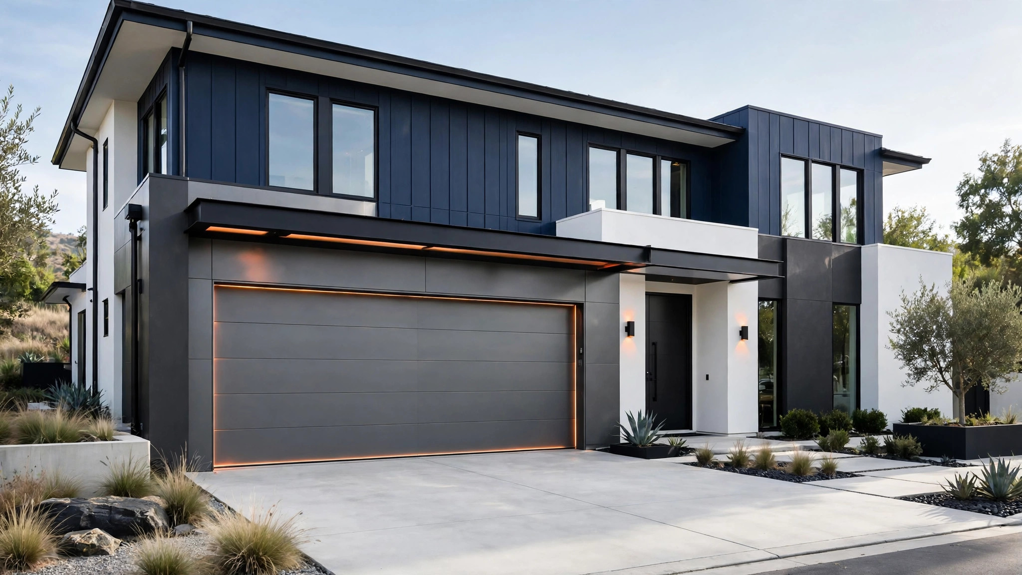 Vivienda moderna con puerta de garaje automática en gris acero — plantilla DIGITALS AI GARAGE DOORS