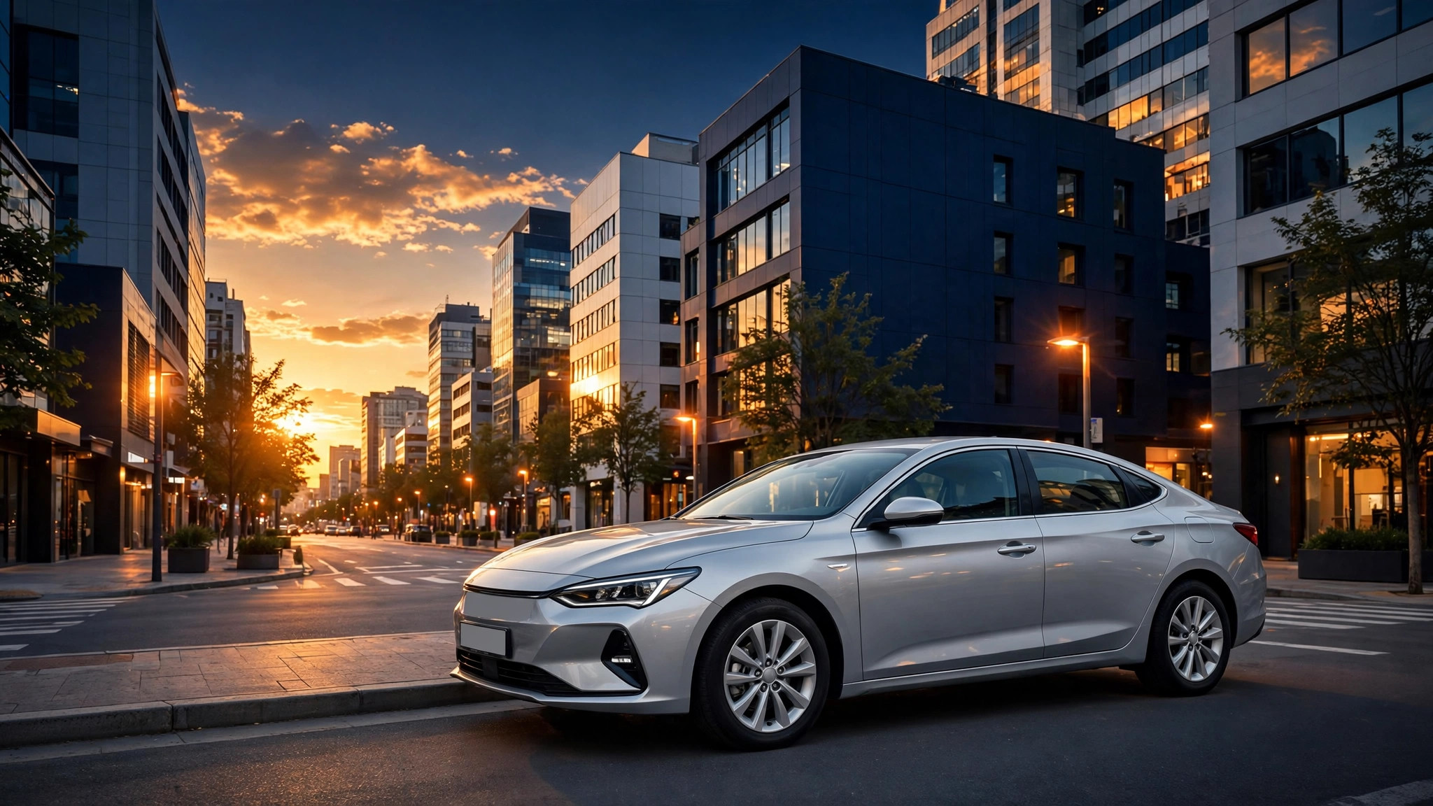 Auto genérico de muestra en una carretera urbana — plantilla DIGITALS AI CAR RENTAL