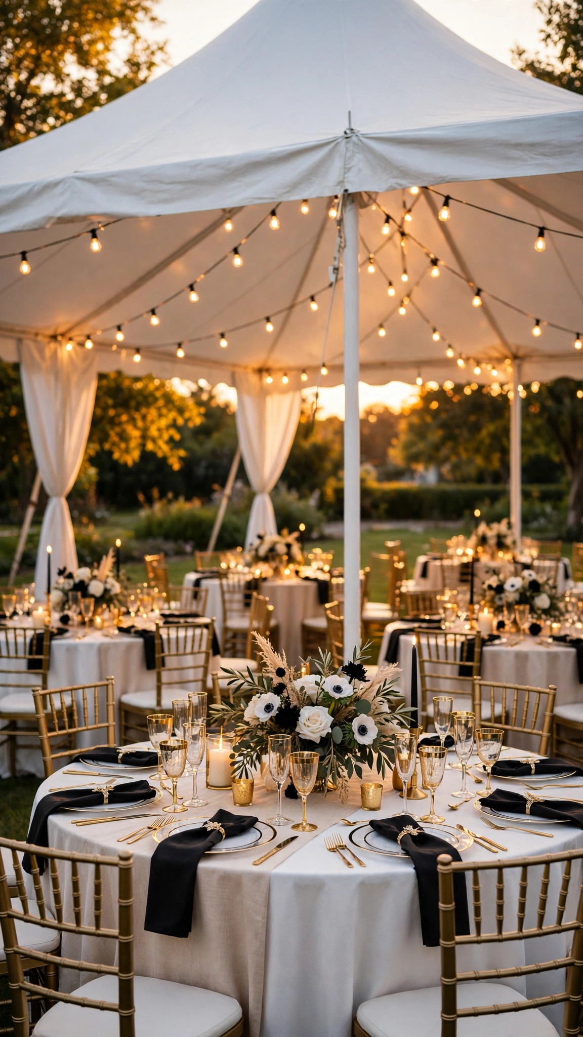 Carpa blanca de evento con mesas vestidas en blanco y dorado y sillas Tiffany doradas al atardecer — plantilla RENTA DE EQUIPOS PARA FIESTAS