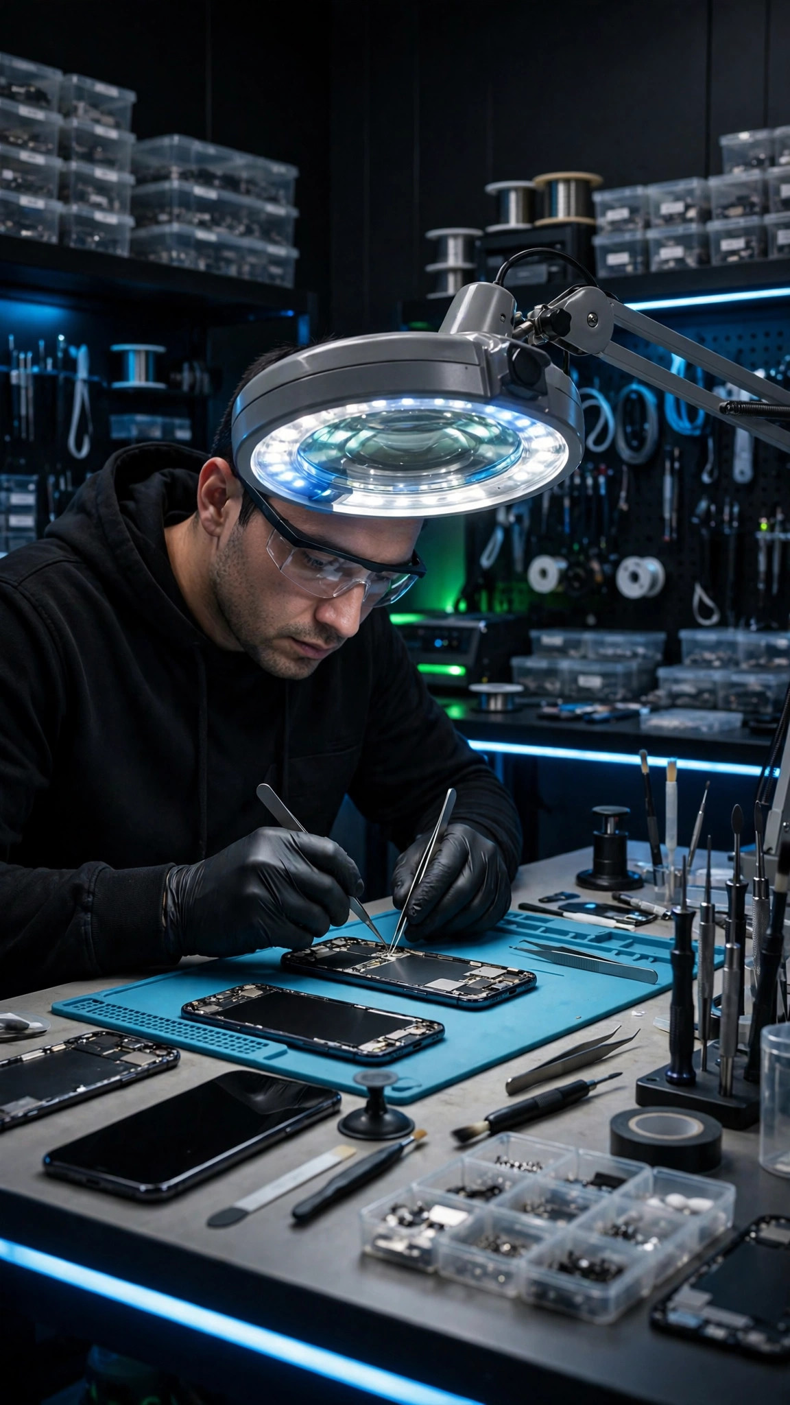 Técnico reparando un smartphone bajo una lámpara de aumento en un taller moderno — plantilla REPARACIÓN DE CELULARES
