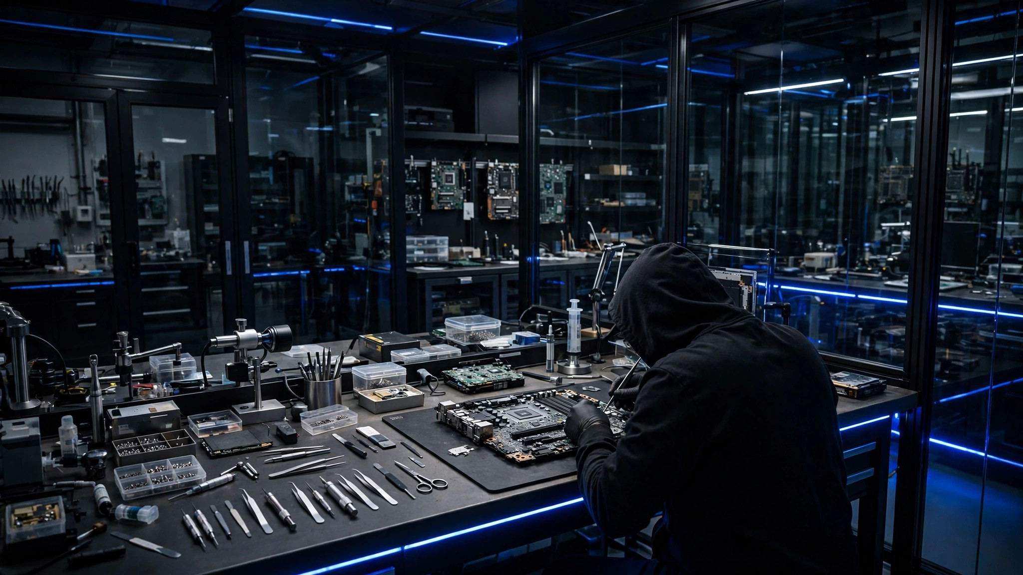 Taller premium oscuro de reparación de computadoras con luz azul — plantilla REPARACIÓN DE COMPUTADORAS