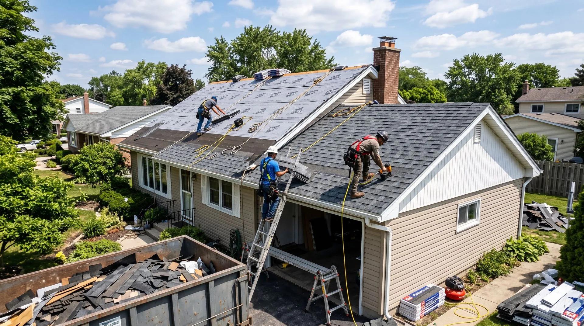 Cuadrilla instalando tejas arquitectónicas en una casa — plantilla DIGITALS AI ROOFING