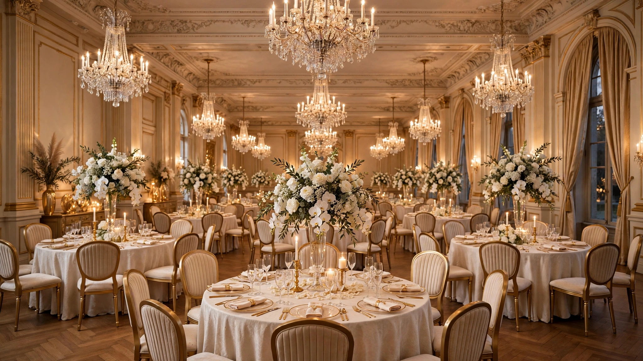 Salón de eventos elegante montado para una boda con candelabros de cristal, mesas redondas y arreglos florales — plantilla SALONES DE EVENTOS