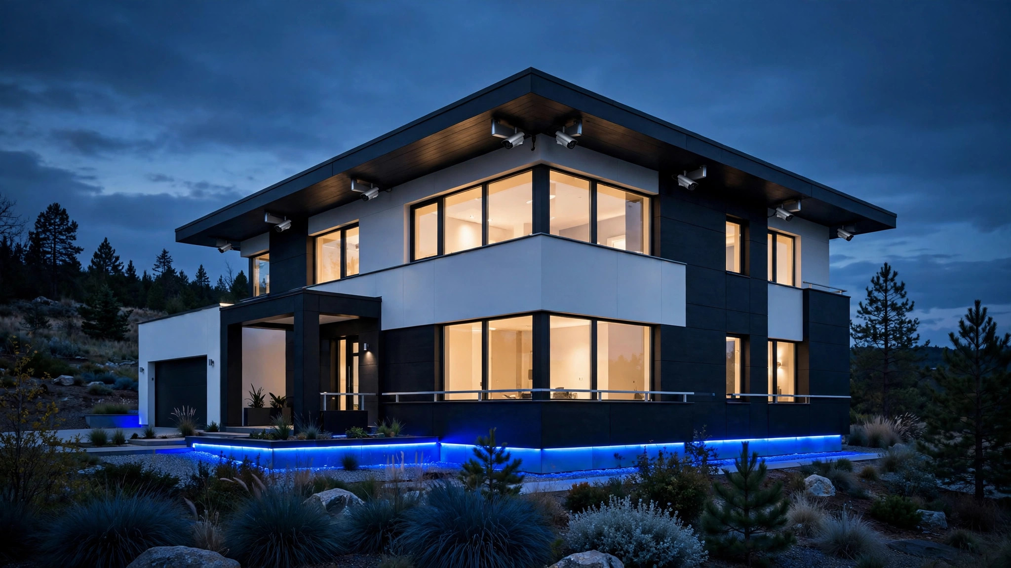 Vivienda moderna protegida por cámaras de seguridad al anochecer — plantilla DIGITALS AI SECURITY SYSTEMS