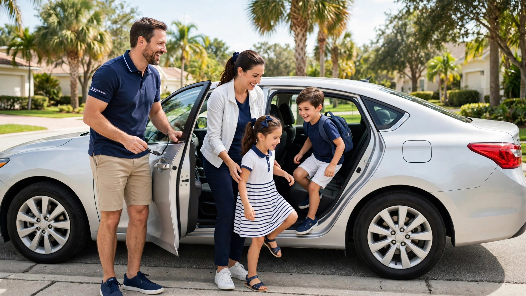 Familia genérica junto a su auto sin marcas frente a su casa — plantilla DIGITALS AI SEGUROS DE AUTO