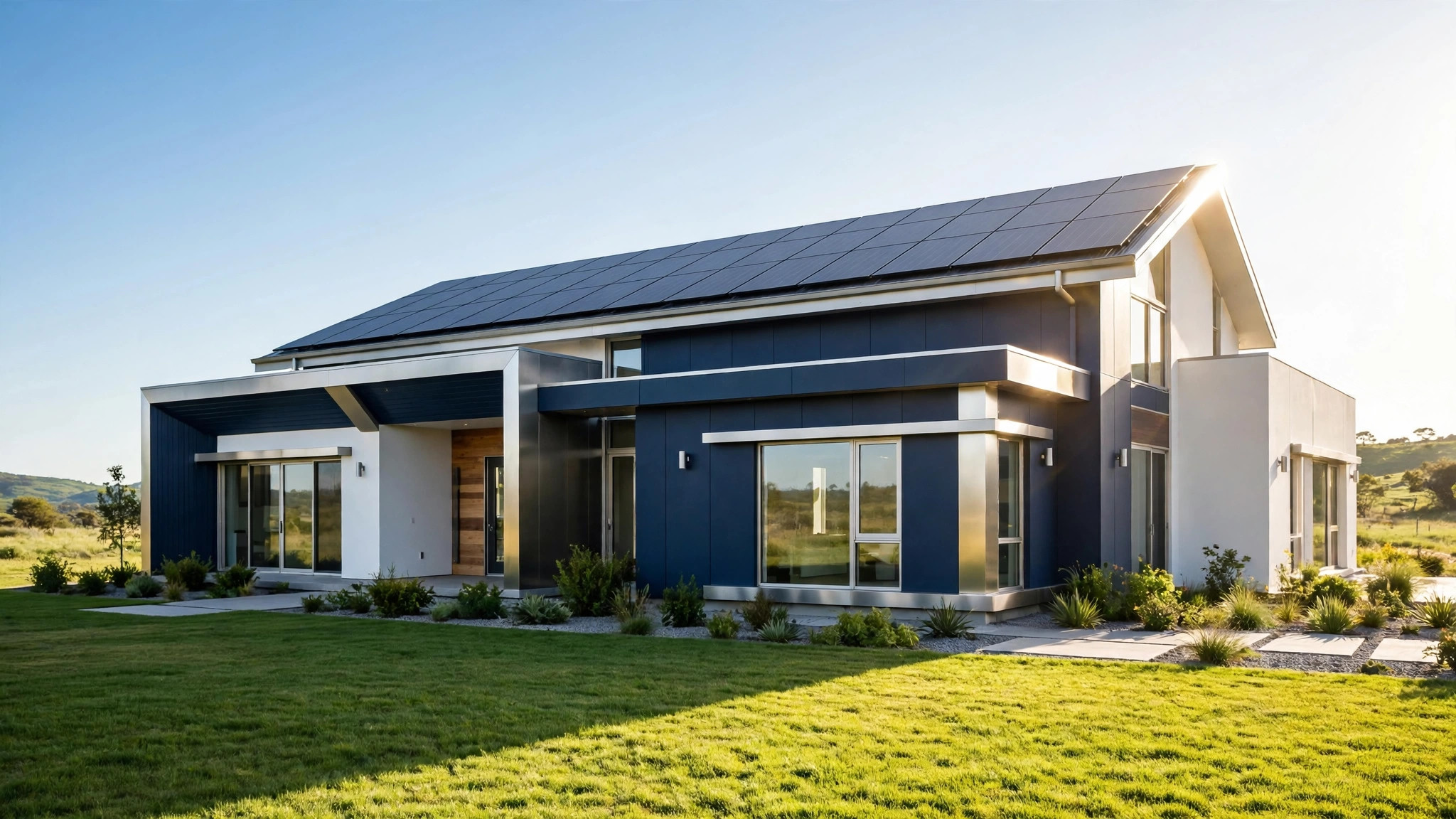 Vivienda moderna con paneles solares en el techo bajo un cielo despejado — plantilla DIGITALS AI SOLAR ENERGY