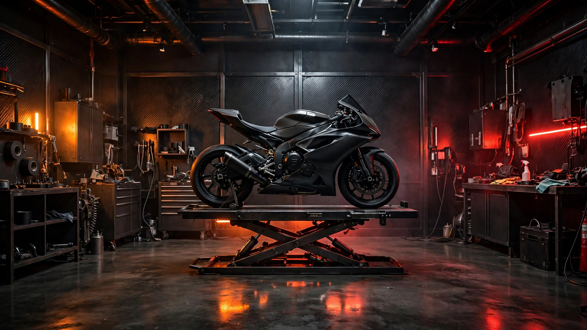 Moto deportiva negra en un banco de trabajo de un taller premium oscuro con luces rojas — plantilla TALLERES DE MOTOS Y ATV