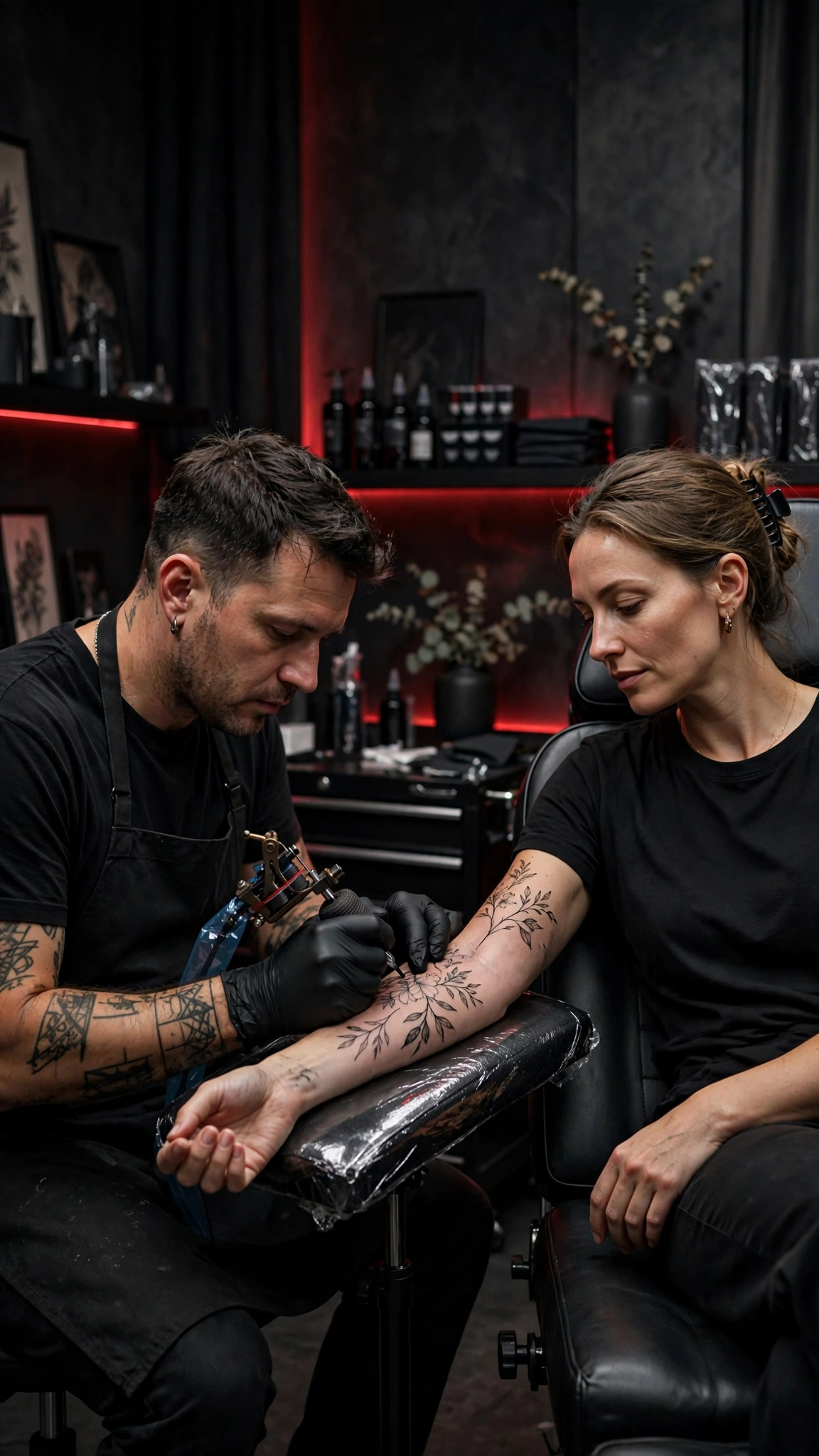 Artista adulto tatuando el antebrazo de una cliente adulta en un estudio oscuro en negro y rojo vino — plantilla TATUAJES Y PERFORACIONES