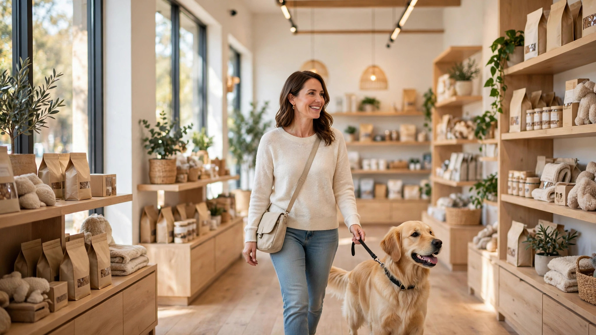 Tienda de mascotas cálida con una clienta y su perro entre estanterías de productos — plantilla TIENDAS DE MASCOTAS