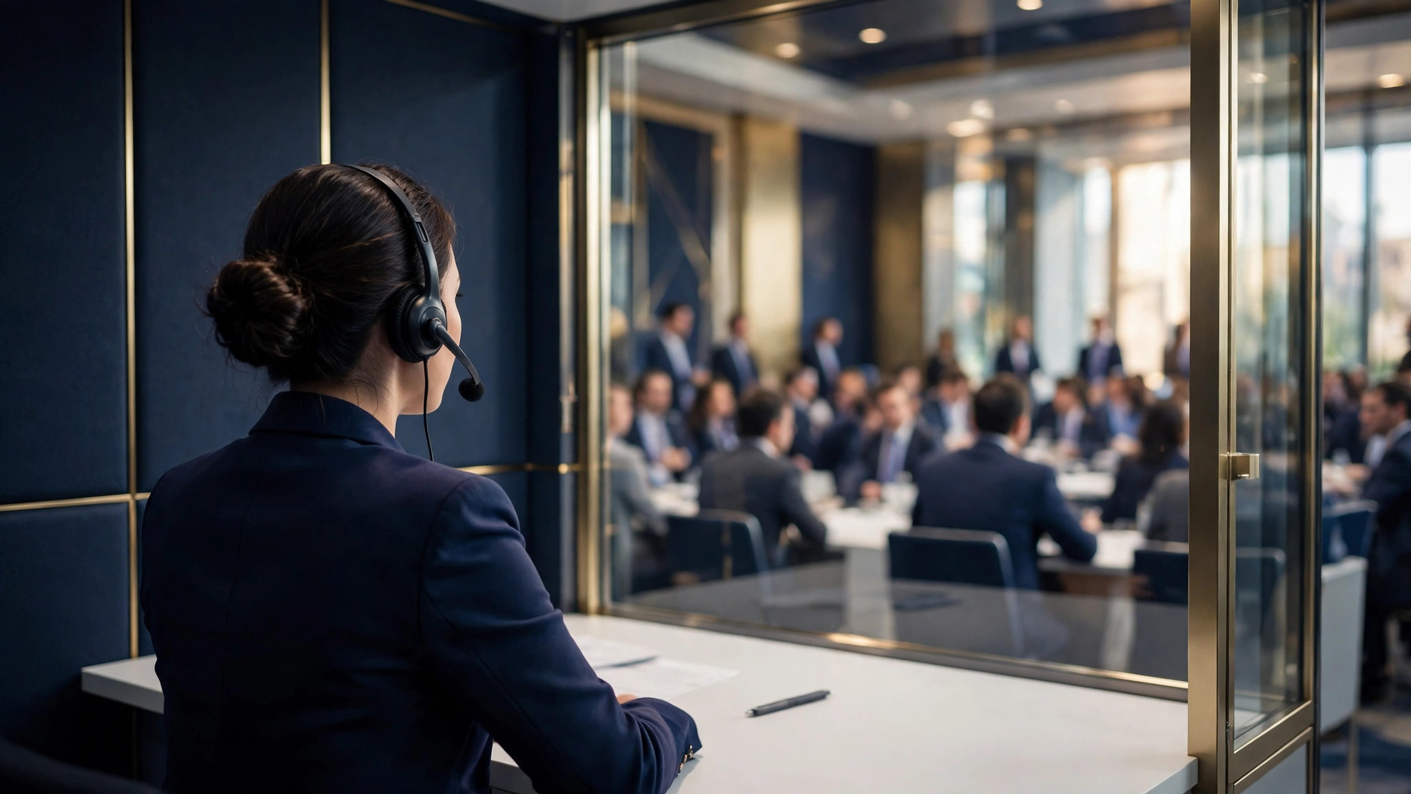Oficina de servicios de traducción e interpretación con una intérprete de conferencia en cabina — plantilla TRADUCCIÓN E INTERPRETACIÓN