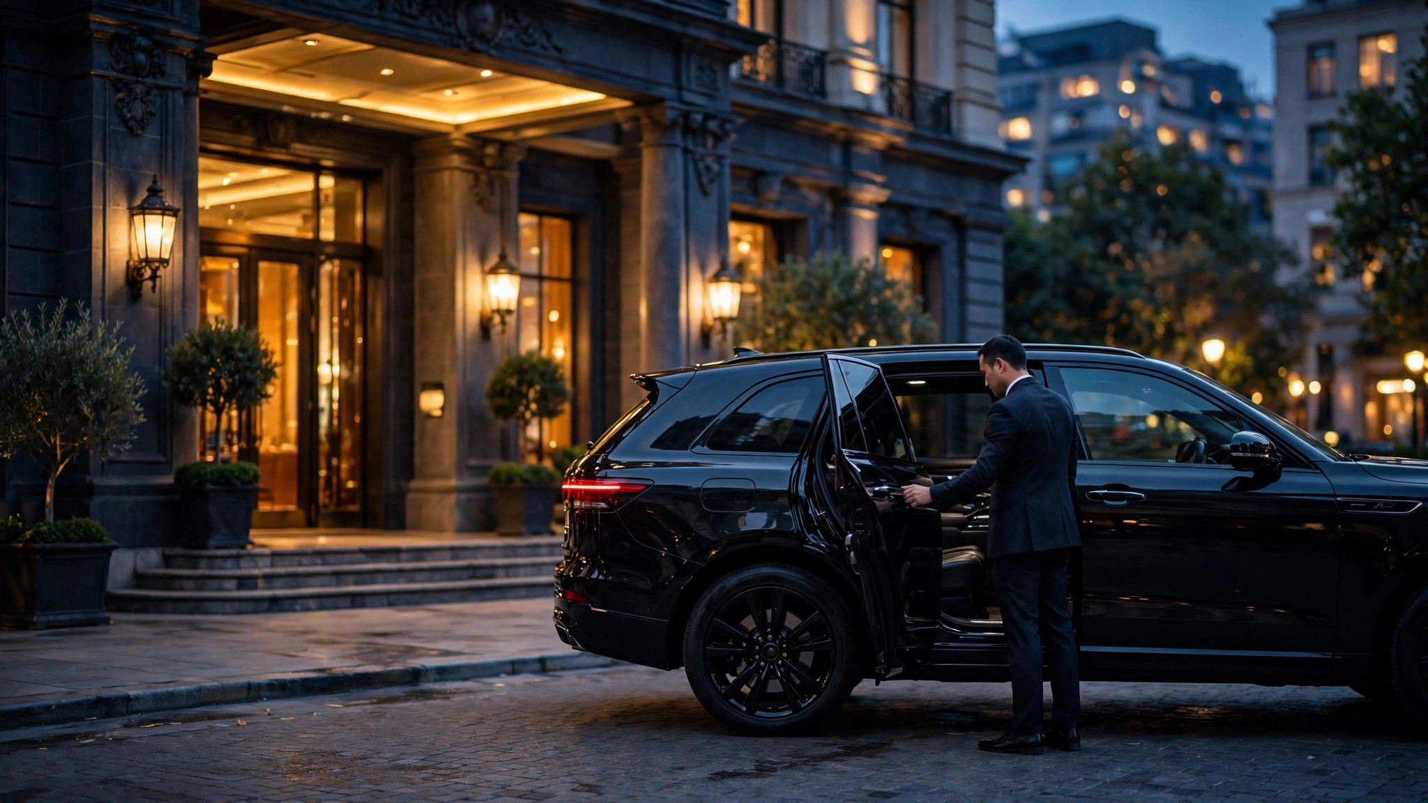 SUV de lujo de demostración frente a un hotel elegante con el conductor abriendo la puerta — plantilla DIGITALS AI PRIVATE TRANSPORTATION