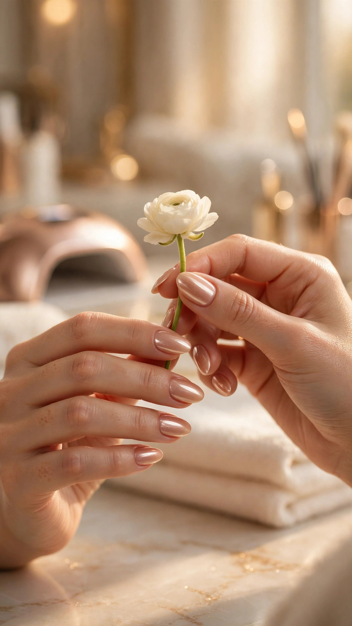Manos elegantes con manicura champagne sosteniendo una flor de marfil — plantilla SALONES DE UÑAS