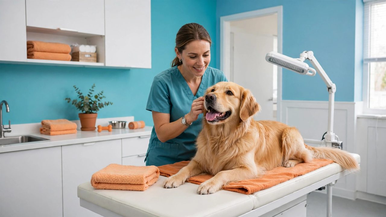 Veterinaria examinando a un golden retriever en un consultorio moderno turquesa con acentos naranja — plantilla DIGITALS AI VETERINARY