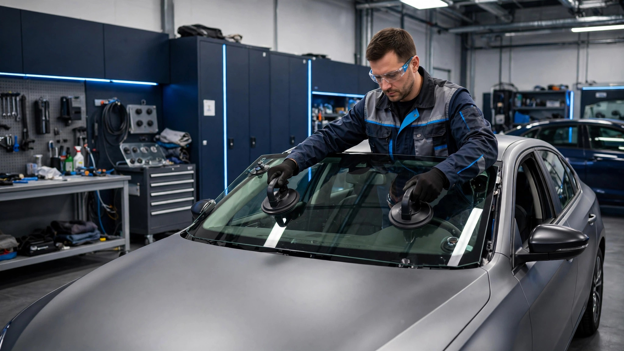 Técnico instalando un parabrisas nuevo en un vehículo dentro del taller — plantilla DIGITALS AI AUTO GLASS