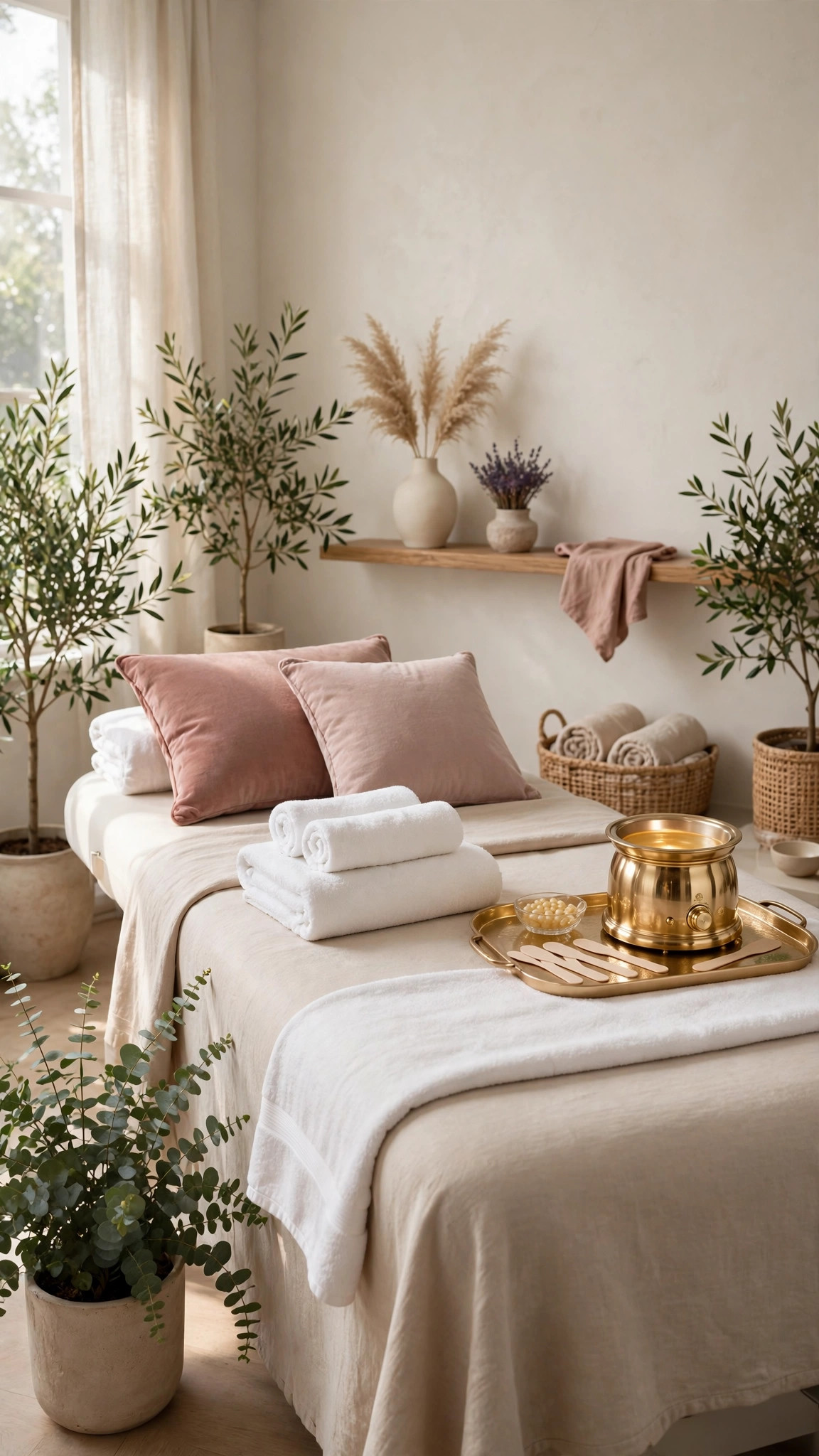 Cabina de tratamiento elegante de un centro de depilación y waxing en tonos blanco marfil, beige y rosa palo — plantilla DEPILACIÓN Y WAXING