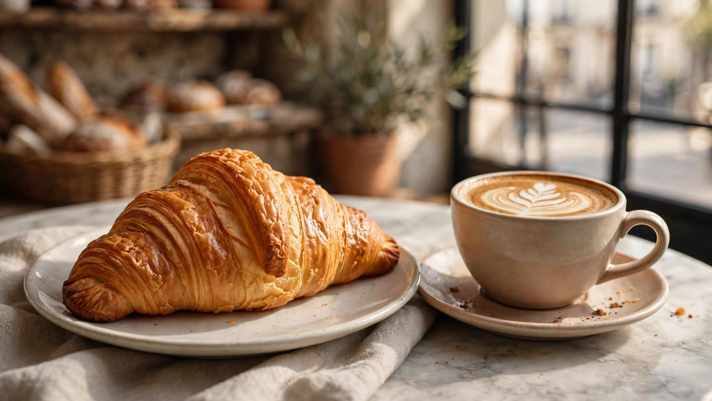 Croissant recién horneado y café con arte latte — plantilla Maison Crème